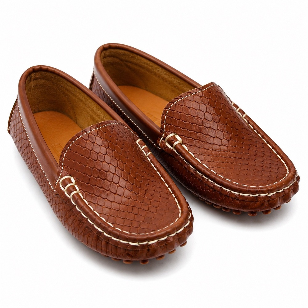 Kids Brown Reptile Embossed Driving Loafers Moccasins Size 26